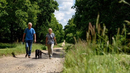 Visitors walking their dog at Stowe Gardens